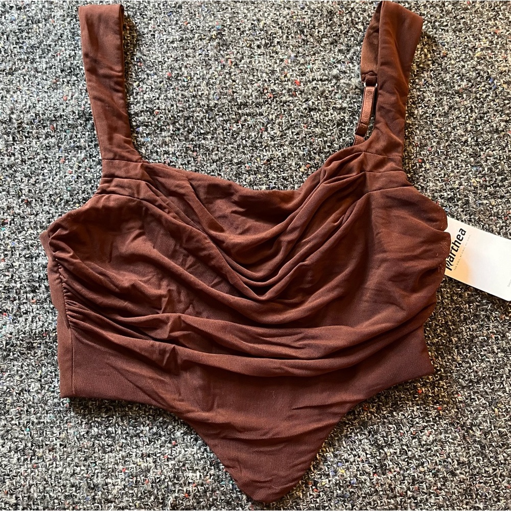 Sexy Brown Cropped Mesh Corset Top Ruched Square Neck Adjustable Straps 😎🤎